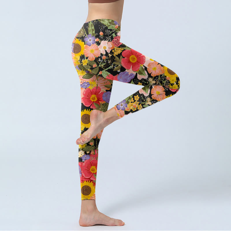 Leggings deportivos de fitness con estampado de girasoles , Buddha Stones y flores rosas y moradas para mujer. - image 3