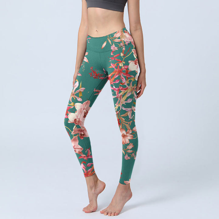 Leggings de yoga para mujer con estampado de flores verdes y rosas y Buddha Stones - Aguamarina medio - US18，UK/AU22，EU50 (4XL) - image 0