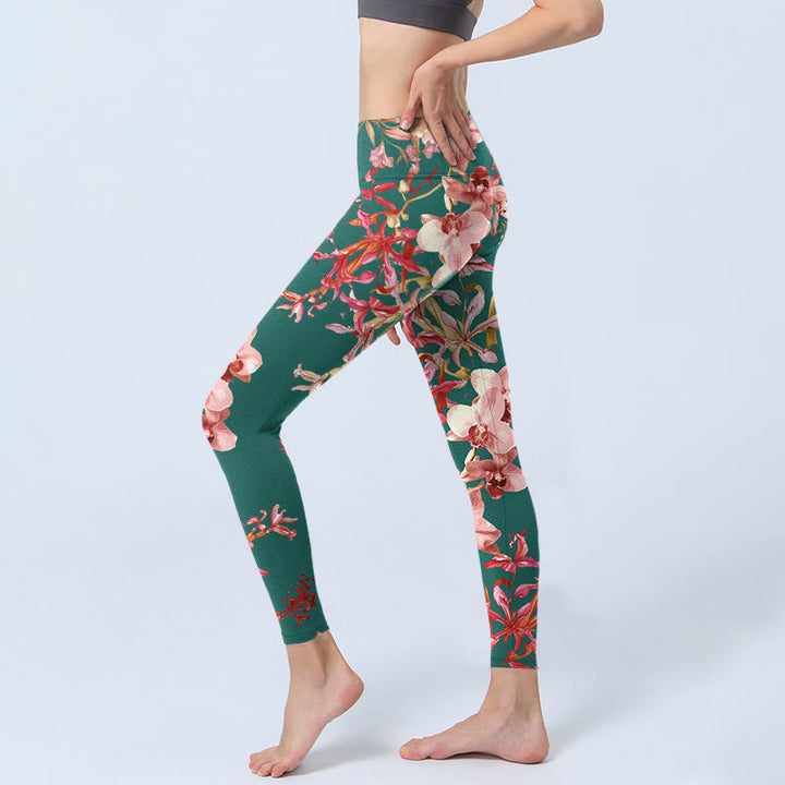 Leggings de yoga para mujer con estampado de flores verdes y rosas y Buddha Stones - image 2