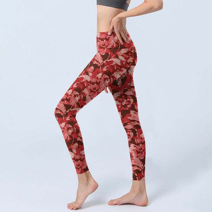 Leggings deportivos de fitness con estampado de flores rojas y Buddha Stones para mujer - image 2