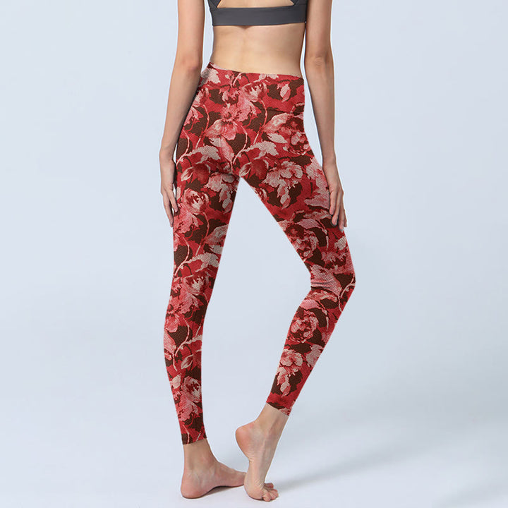 Leggings deportivos de fitness con estampado de flores rojas y Buddha Stones para mujer - image 4
