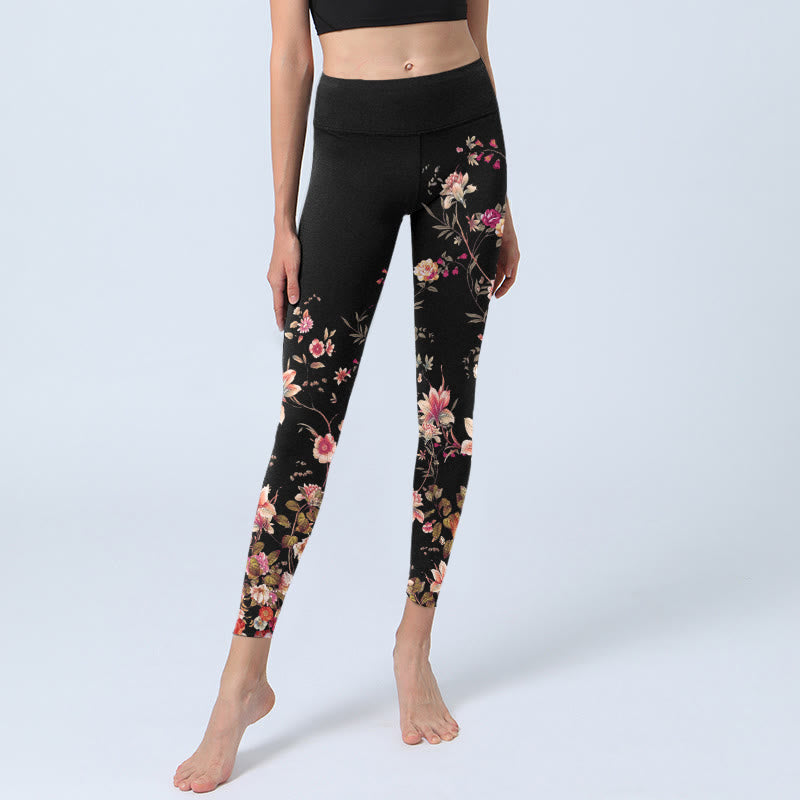 Leggings de yoga para mujer con estampado de flores beige y rosas rosas con Buddha Stones - image 6