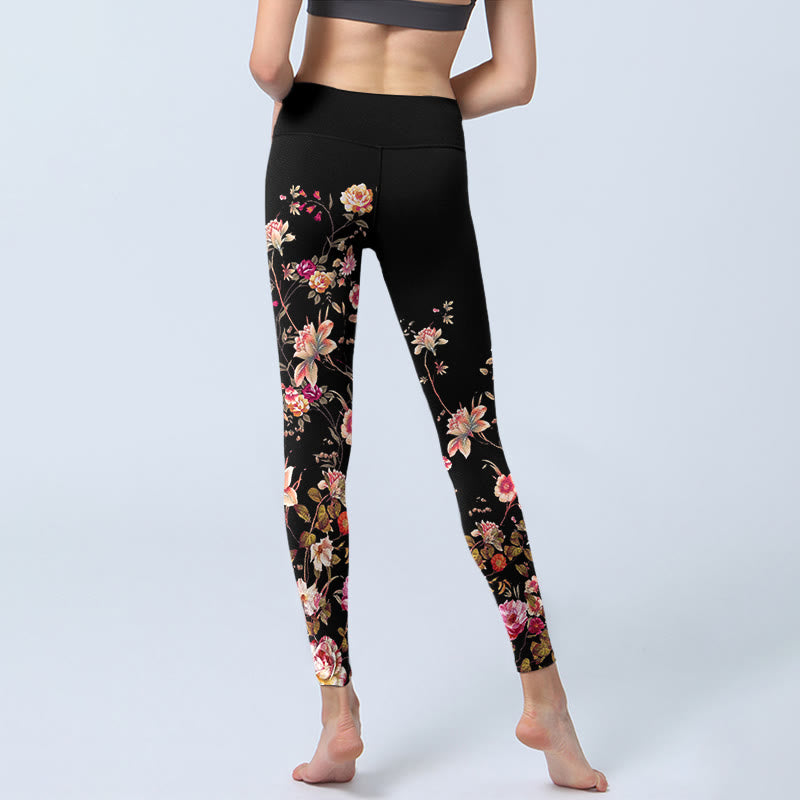 Leggings de yoga para mujer con estampado de flores beige y rosas rosas con Buddha Stones - image 7
