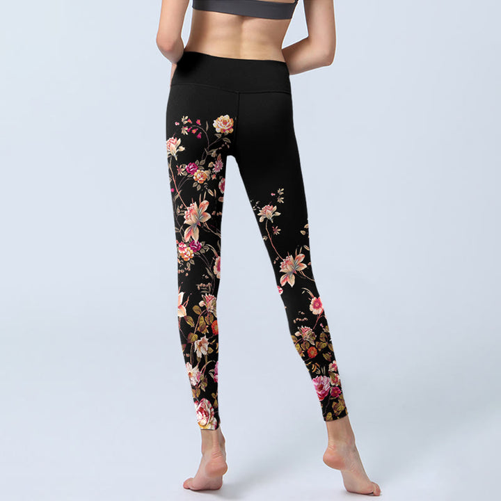 Leggings de yoga para mujer con estampado de flores beige y rosas rosas con Buddha Stones - image 7