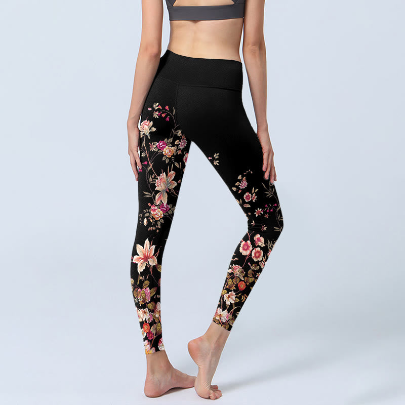 Leggings de yoga para mujer con estampado de flores beige y rosas rosas con Buddha Stones - image 5