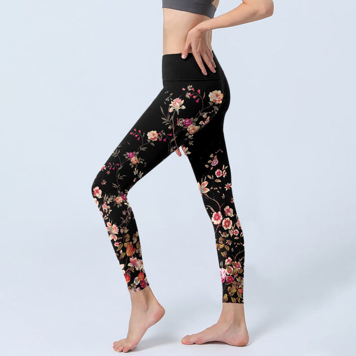 Leggings de yoga para mujer con estampado de flores beige y rosas rosas con Buddha Stones - image 3