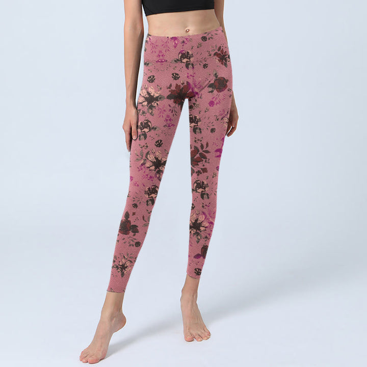Leggings deportivos de fitness con estampado de rosas rojas y hojas rosadas y piedras de Buddha Stones para mujer - image 5
