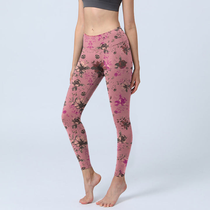 Leggings deportivos de fitness con estampado de rosas rojas y hojas rosadas y piedras de Buddha Stones para mujer - Rojo violeta pálido - US18，UK/AU22，EU50 (4XL) - image 0