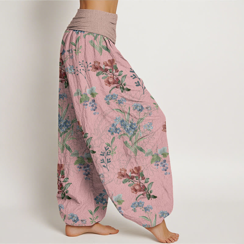 Pantalones harén con cintura elástica para mujer, diseño de Buddha Stones, flores rojas, azules y hojas verdes - image 2