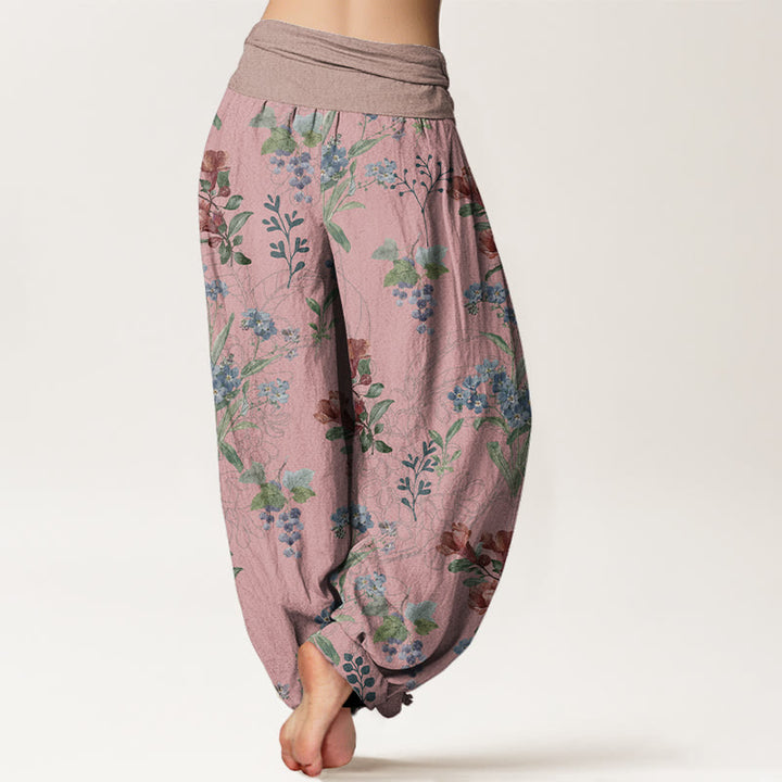 Pantalones harén con cintura elástica para mujer, diseño de Buddha Stones, flores rojas, azules y hojas verdes - image 1
