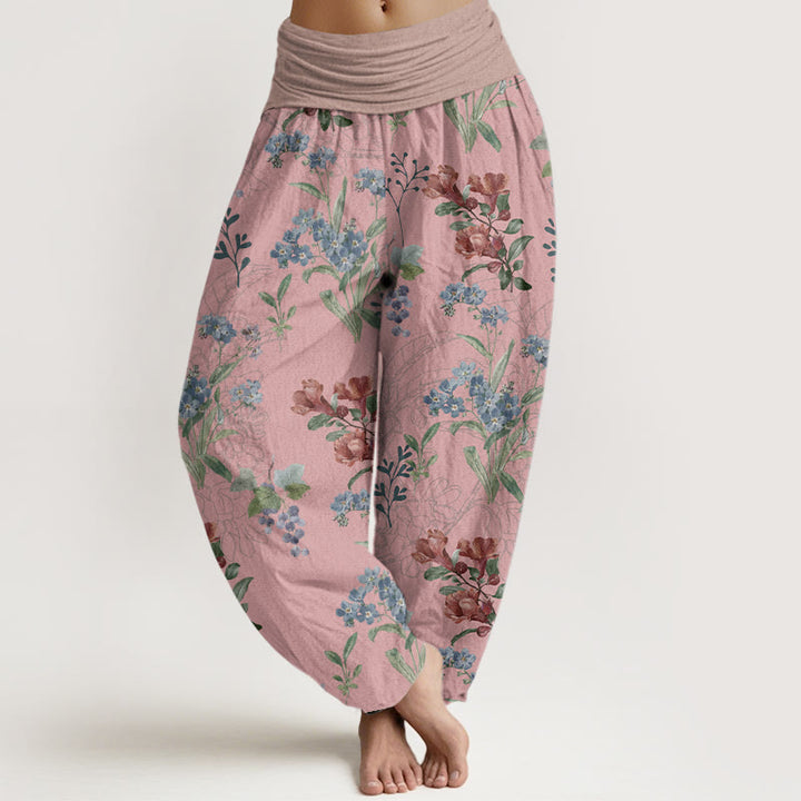 Pantalones harén con cintura elástica para mujer, diseño de Buddha Stones, flores rojas, azules y hojas verdes - Rojo violeta pálido - US22，UK/AU26，EU54 (6XL) - image 0