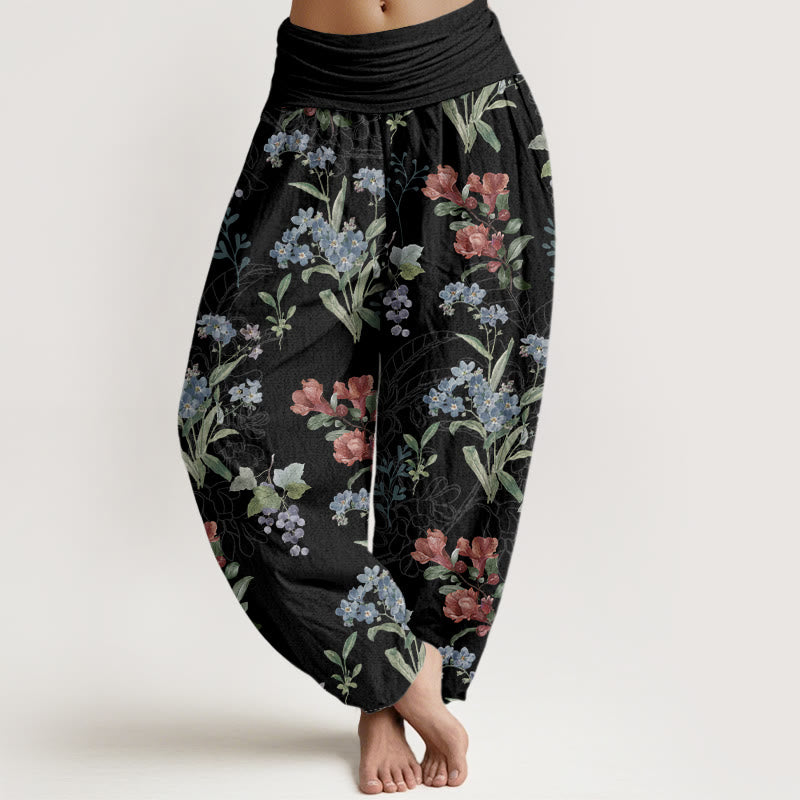 Pantalones harén con cintura elástica para mujer, diseño de Buddha Stones, flores rojas, azules y hojas verdes - Negro - US22，UK/AU26，EU54 (6XL) - image 5