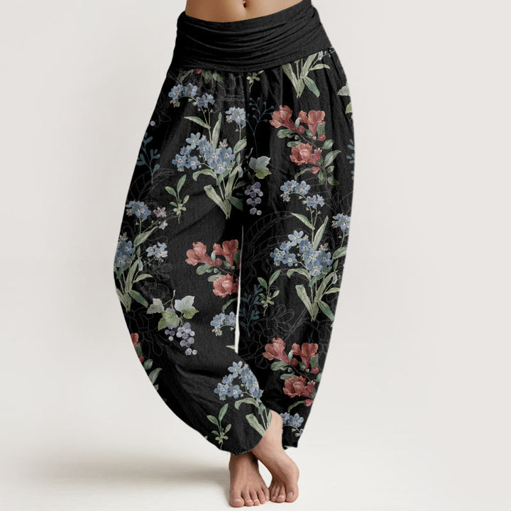 Pantalones harén con cintura elástica para mujer, diseño de Buddha Stones, flores rojas, azules y hojas verdes - Negro - US22，UK/AU26，EU54 (6XL) - image 5
