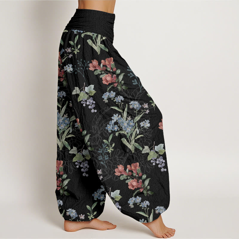 Pantalones harén con cintura elástica para mujer, diseño de Buddha Stones, flores rojas, azules y hojas verdes - image 7