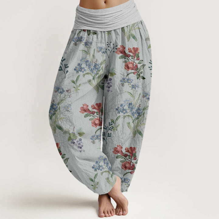 Pantalones harén con cintura elástica para mujer, diseño de Buddha Stones, flores rojas, azules y hojas verdes - Gris claro - US22，UK/AU26，EU54 (6XL) - image 8