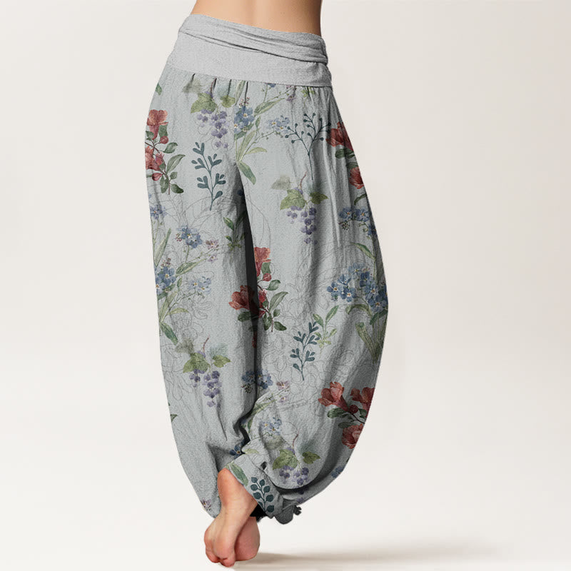 Pantalones harén con cintura elástica para mujer, diseño de Buddha Stones, flores rojas, azules y hojas verdes - image 9