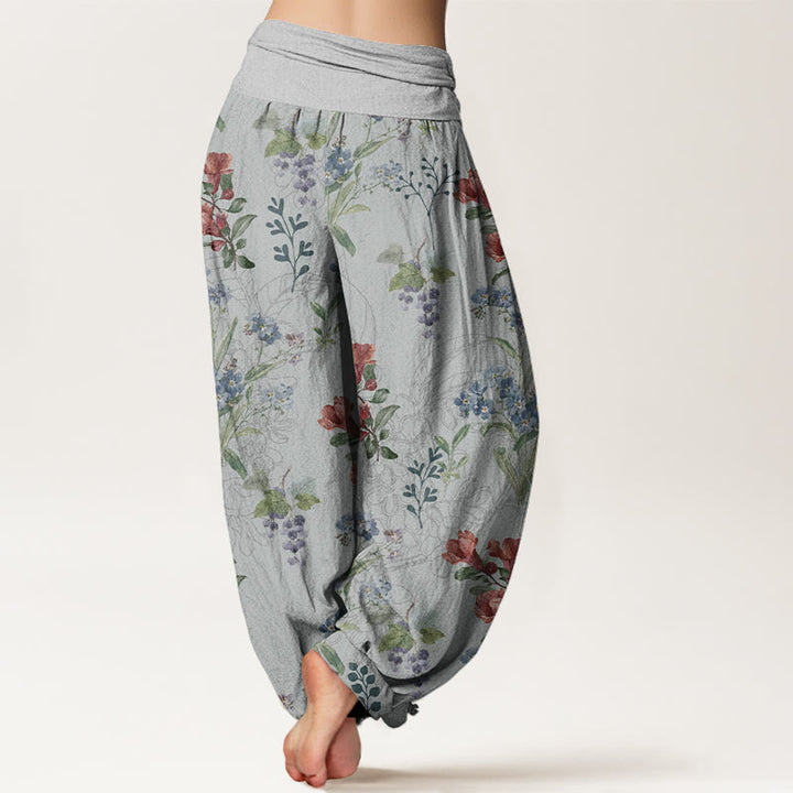 Pantalones harén con cintura elástica para mujer, diseño de Buddha Stones, flores rojas, azules y hojas verdes - image 9