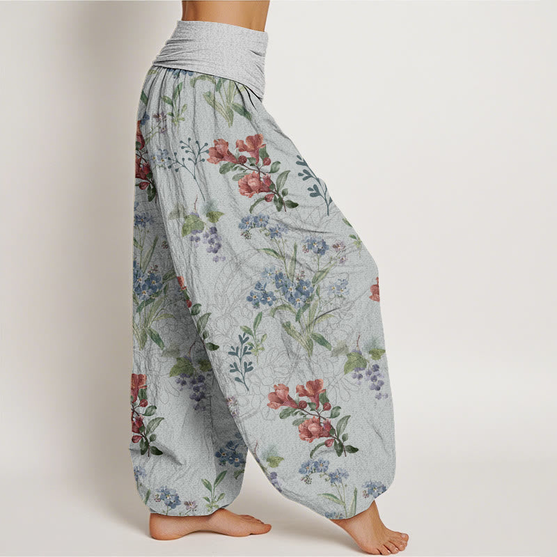 Pantalones harén con cintura elástica para mujer, diseño de Buddha Stones, flores rojas, azules y hojas verdes - image 10
