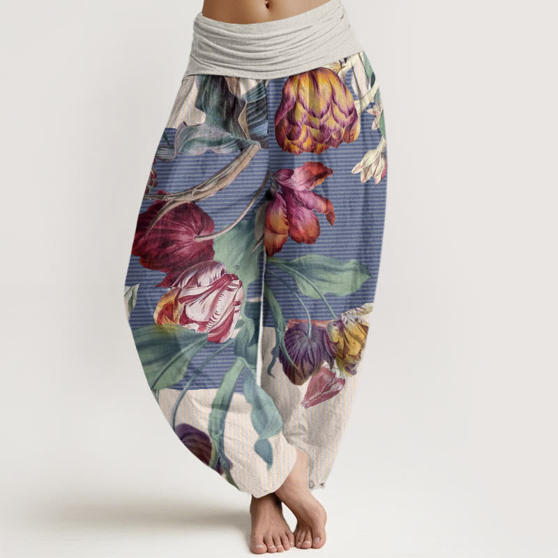 Pantalones bombachos de cintura elástica para mujer con diseño de tulipanes, hojas verdes y Buddha Stones, de algodón. - Beige - US22，UK/AU26，EU54 (6XL) - image 4