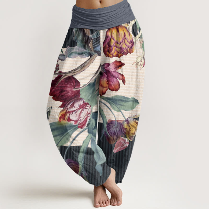 Pantalones bombachos de cintura elástica para mujer con diseño de tulipanes, hojas verdes y Buddha Stones, de algodón. - Azul acero claro - US22，UK/AU26，EU54 (6XL) - image 7