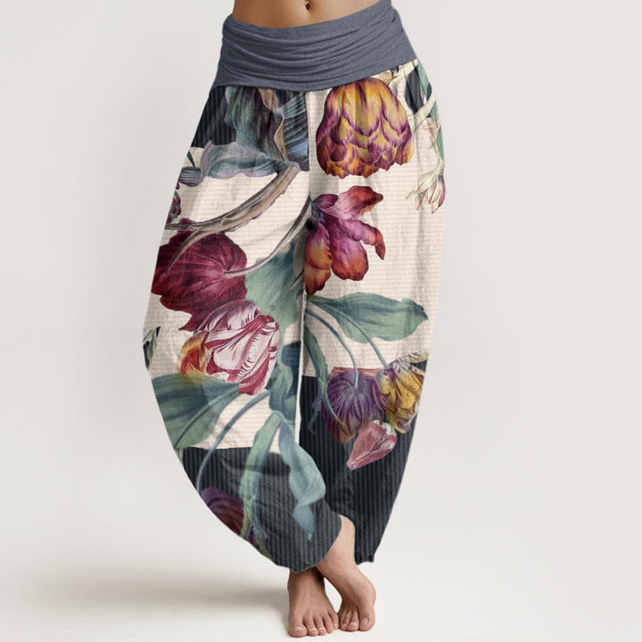 Pantalones bombachos de cintura elástica para mujer con diseño de tulipanes, hojas verdes y Buddha Stones, de algodón. - Azul acero claro - US22，UK/AU26，EU54 (6XL) - image 7