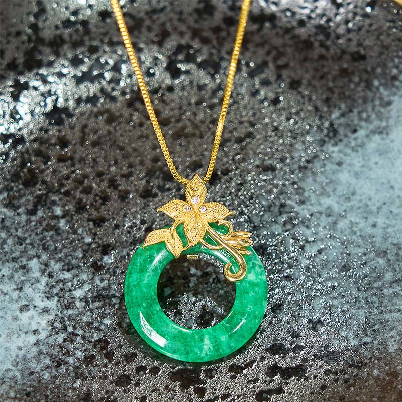 Collar con colgante de flor de aleación con hebilla de paz de jade cian y Buddha Stones para la suerte