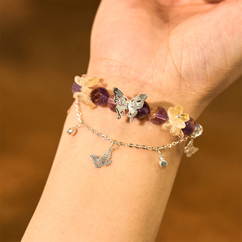 Pulsera de sabiduría con flores de mariposa fantasma moradas naturales y Buddha Stones
