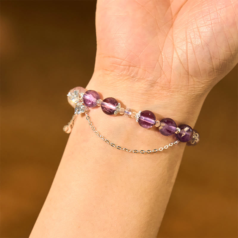 Pulsera de sabiduría con flores de mariposa fantasma moradas naturales y Buddha Stones