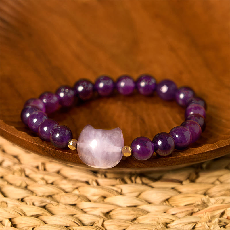 Pulsera de la suerte con cabeza de gato, amatista, aventurina verde, cuarzo rosa, fluorita y Buddha Stones - Amatista (circunferencia de la muñeca: 16-17 cm) - image 1