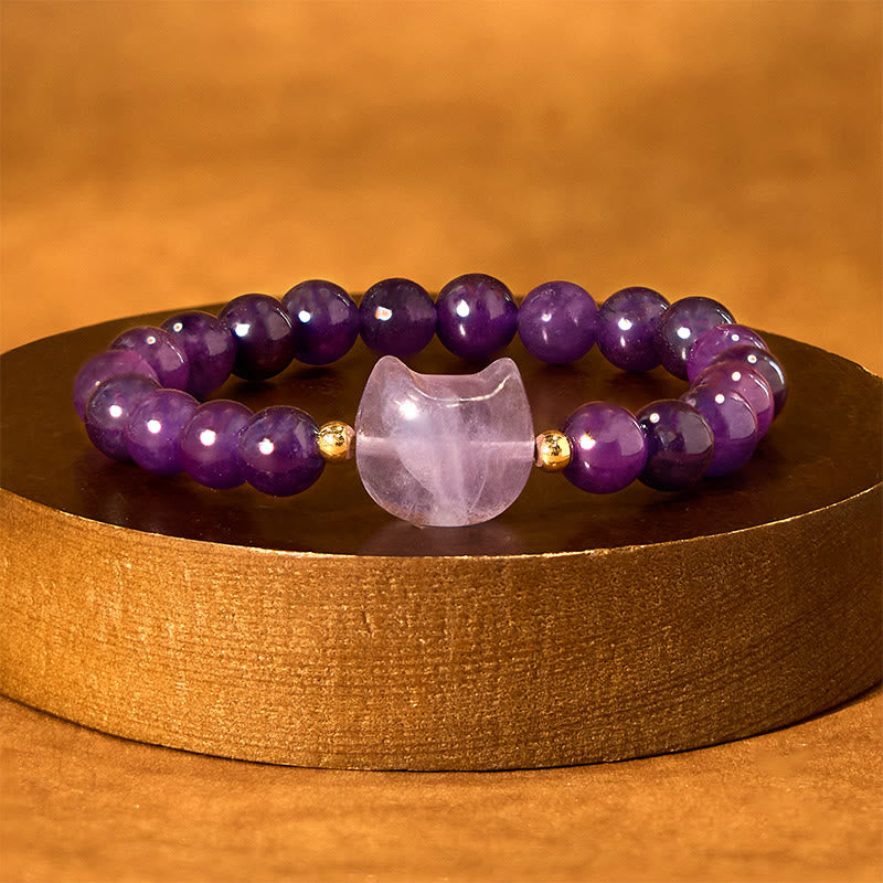 Pulsera de la suerte con cabeza de gato, amatista, aventurina verde, cuarzo rosa, fluorita y Buddha Stones - image 2