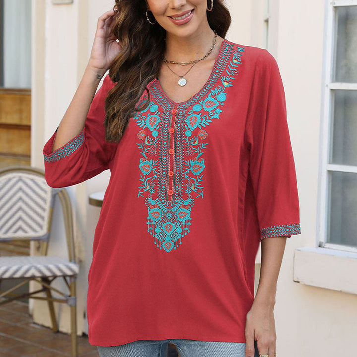 Camiseta de algodón para mujer con cuello en V y media manga con bordado de flores y hojas de Buddha Stones, informal, de verano - image 20