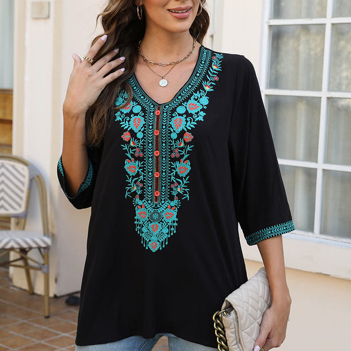 Camiseta de algodón para mujer con cuello en V y media manga con bordado de flores y hojas de Buddha Stones, informal, de verano - image 5