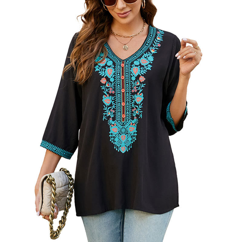Camiseta de algodón para mujer con cuello en V y media manga con bordado de flores y hojas de Buddha Stones, informal, de verano - image 11
