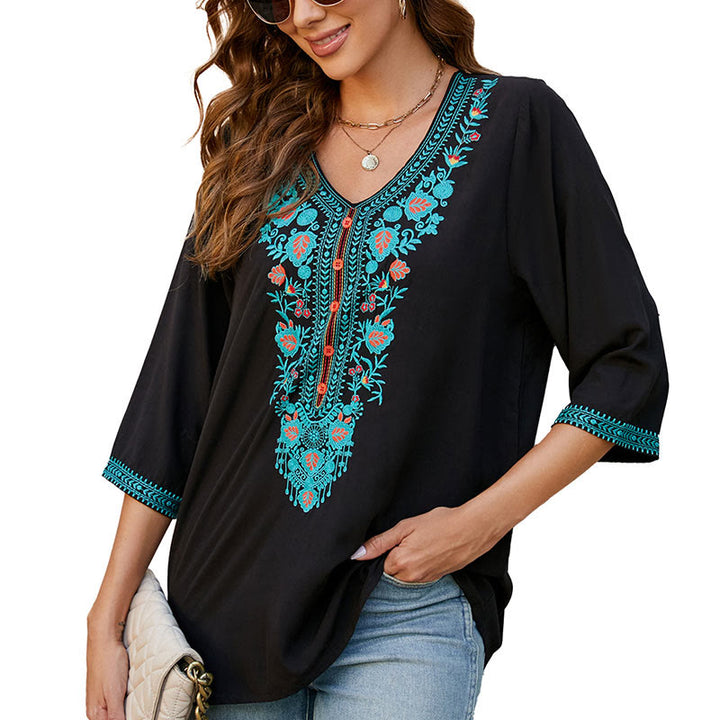 Camiseta de algodón para mujer con cuello en V y media manga con bordado de flores y hojas de Buddha Stones, informal, de verano - image 8