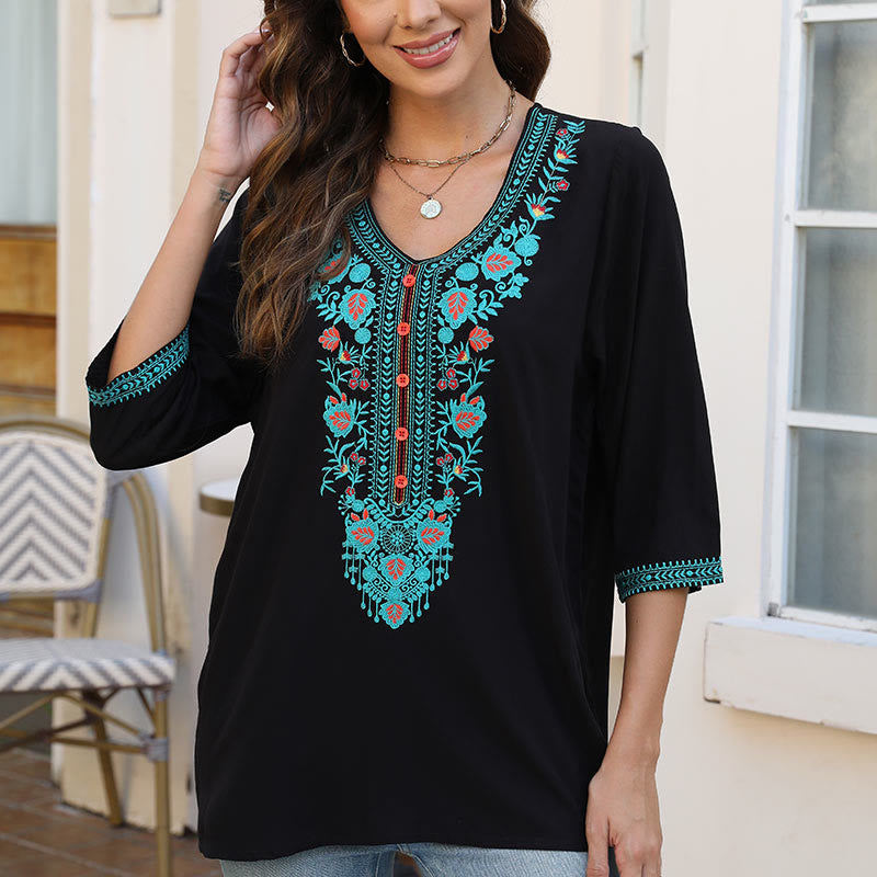 Camiseta de algodón para mujer con cuello en V y media manga con bordado de flores y hojas de Buddha Stones, informal, de verano - image 6