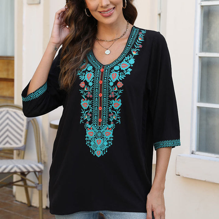 Camiseta de algodón para mujer con cuello en V y media manga con bordado de flores y hojas de Buddha Stones, informal, de verano - image 6