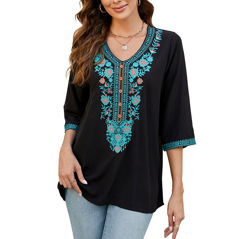 Camiseta de algodón para mujer con cuello en V y media manga con bordado de flores y hojas de Buddha Stones, informal, de verano - image 9