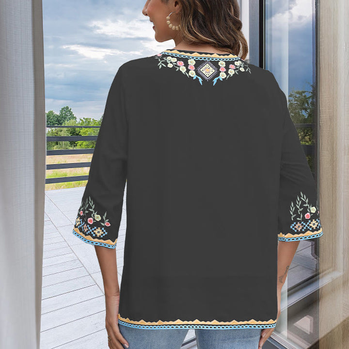 Camiseta de algodón para mujer, de manga larga y cuello en V, con bordado floral y estampado de Buddha Stones de primavera