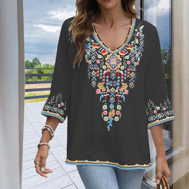 Camiseta de algodón para mujer, de manga larga y cuello en V, con bordado floral y estampado de Buddha Stones de primavera