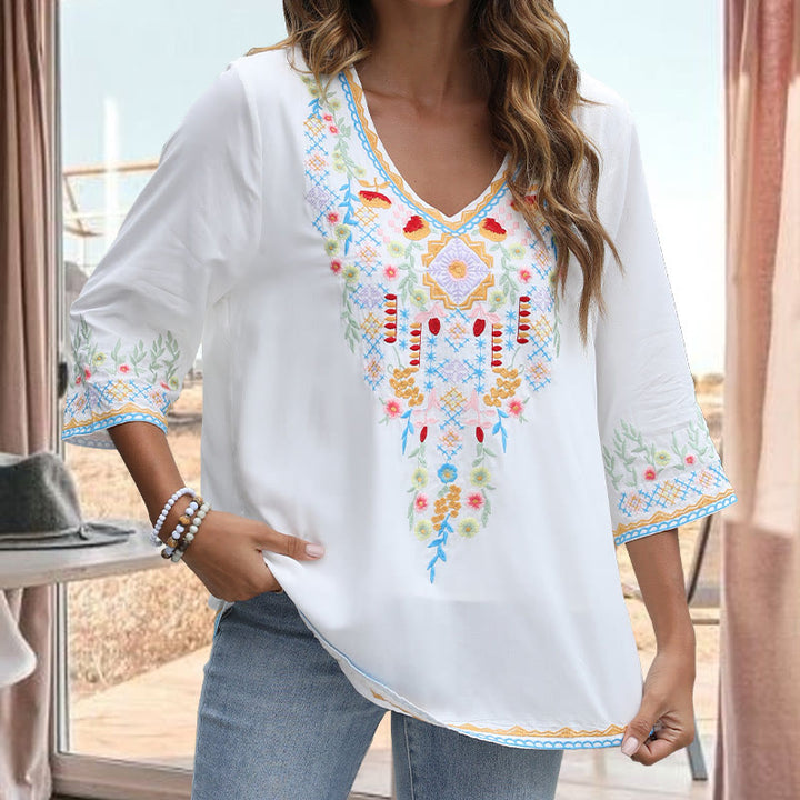 Camiseta de algodón para mujer, de manga larga y cuello en V, con bordado floral y estampado de Buddha Stones de primavera