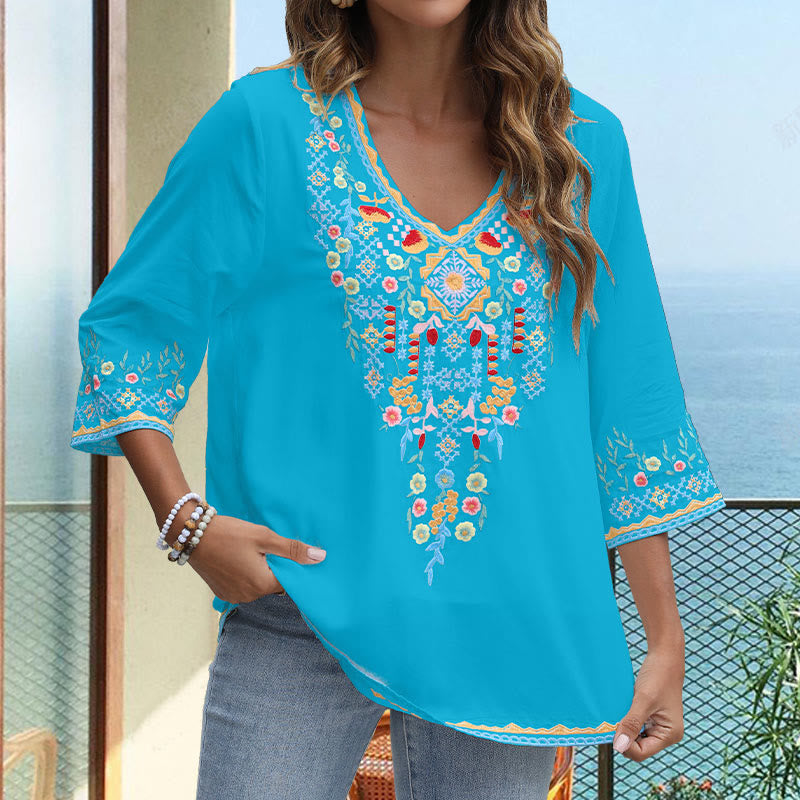 Camiseta de algodón para mujer, de manga larga y cuello en V, con bordado floral y estampado de Buddha Stones de primavera
