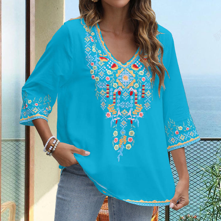 Camiseta de algodón para mujer, de manga larga y cuello en V, con bordado floral y estampado de Buddha Stones de primavera