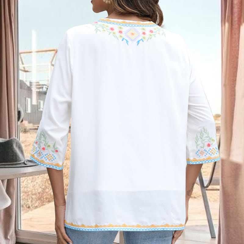 Camiseta de algodón para mujer, de manga larga y cuello en V, con bordado floral y estampado de Buddha Stones de primavera