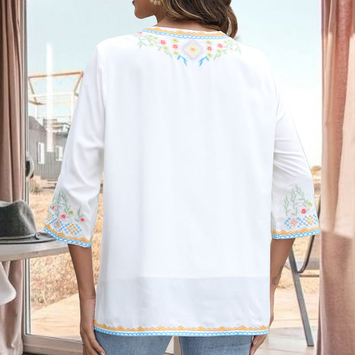 Camiseta de algodón para mujer, de manga larga y cuello en V, con bordado floral y estampado de Buddha Stones de primavera