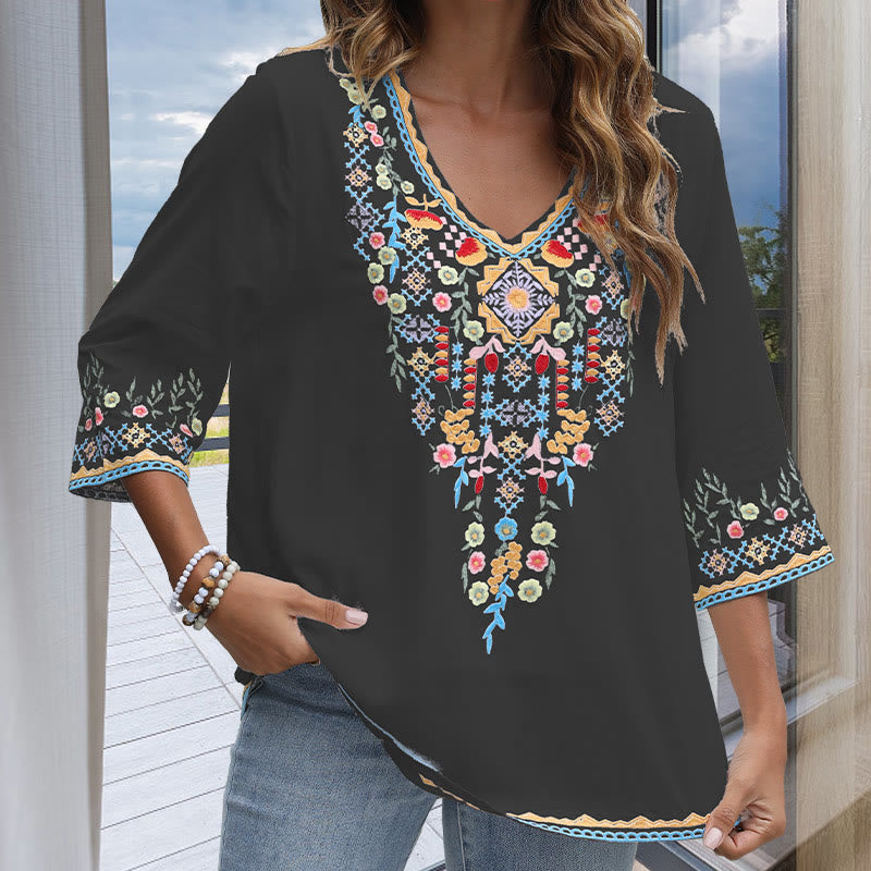 Camiseta de algodón para mujer, de manga larga y cuello en V, con bordado floral y estampado de Buddha Stones de primavera