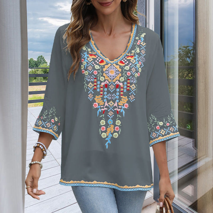 Camiseta de algodón para mujer, de manga larga y cuello en V, con bordado floral y estampado de Buddha Stones de primavera