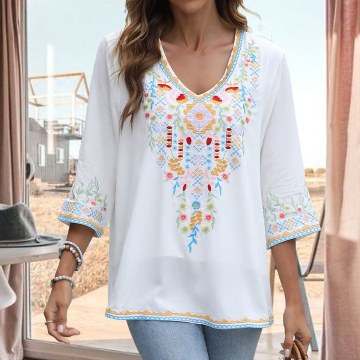 Camiseta de algodón para mujer, de manga larga y cuello en V, con bordado floral y estampado de Buddha Stones de primavera