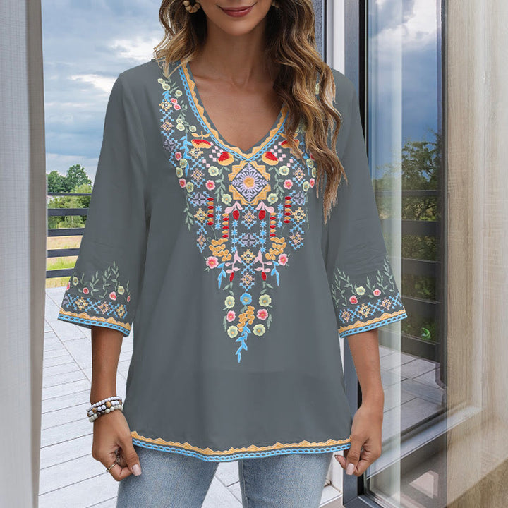 Camiseta de algodón para mujer, de manga larga y cuello en V, con bordado floral y estampado de Buddha Stones de primavera