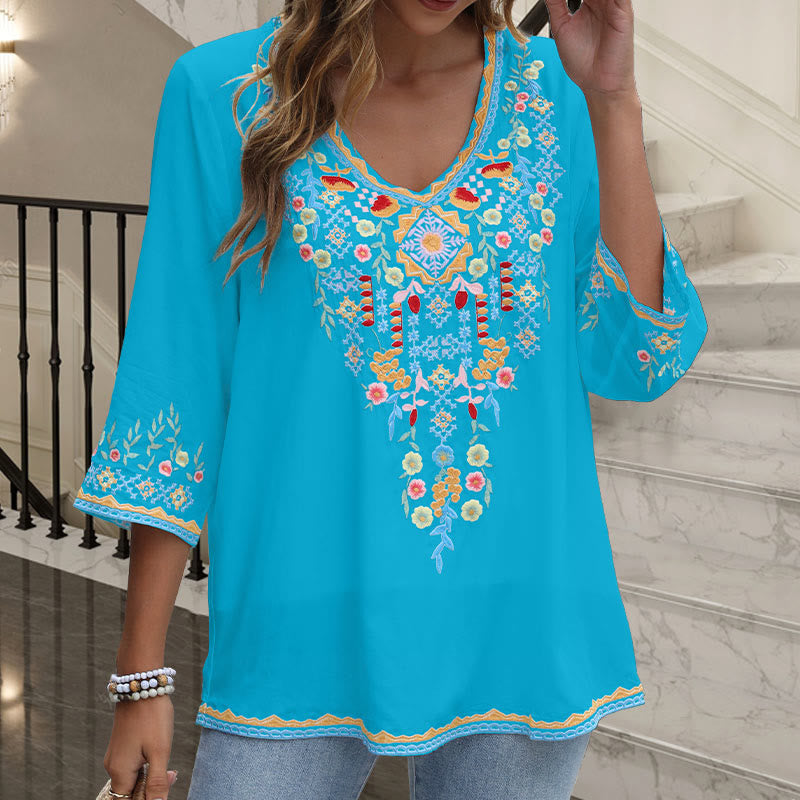Camiseta de algodón para mujer, de manga larga y cuello en V, con bordado floral y estampado de Buddha Stones de primavera