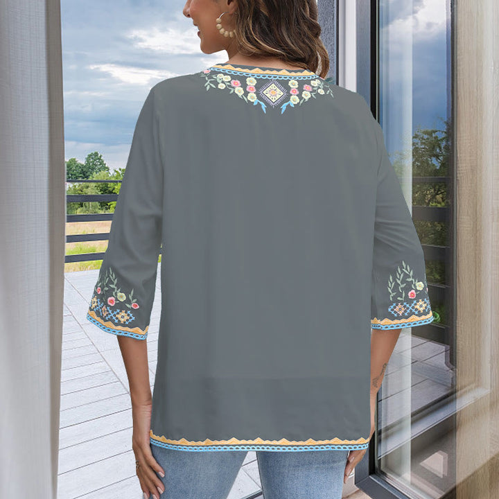 Camiseta de algodón para mujer, de manga larga y cuello en V, con bordado floral y estampado de Buddha Stones de primavera